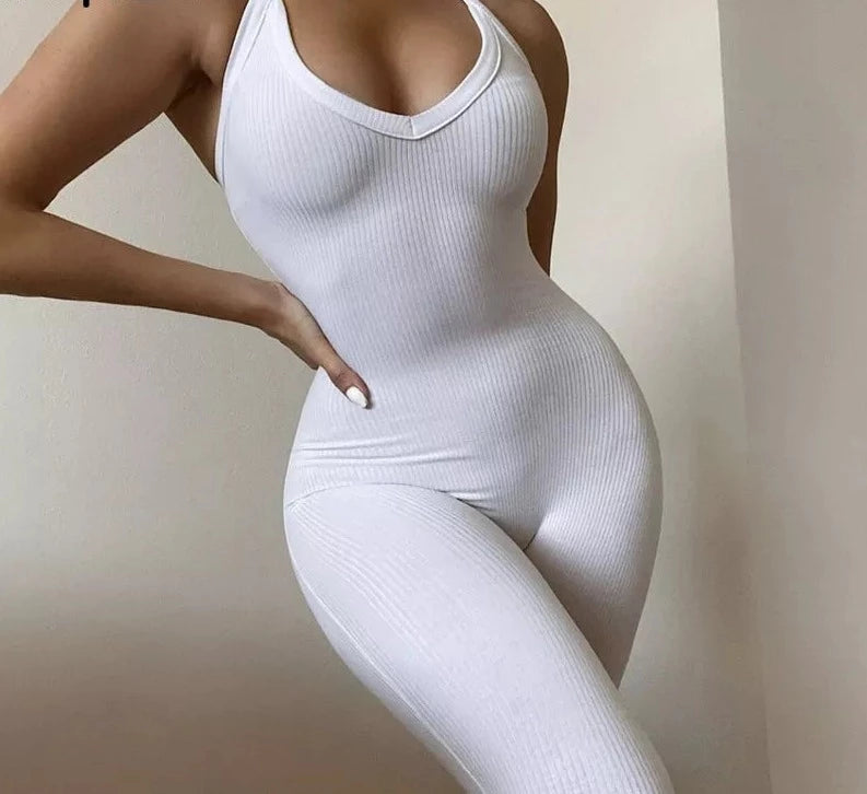 One Piece Backless Ribbed Sleeveless Bodycon Jumpsuit