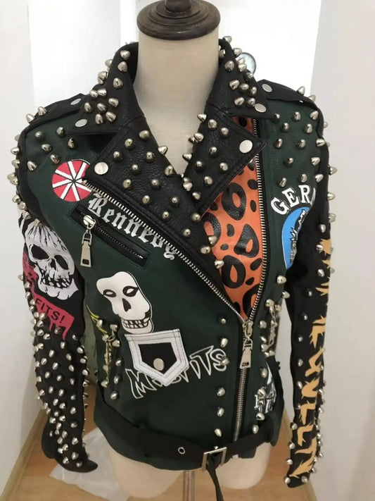 Graffiti studs Women PU Leather Jacket