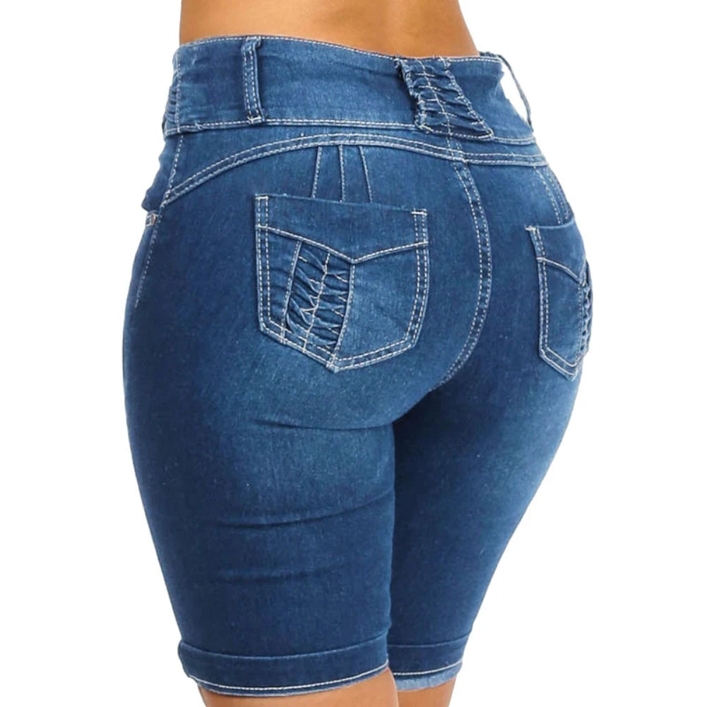 Denim Elastic Slims Fit Bodycon Knee Length Shorts