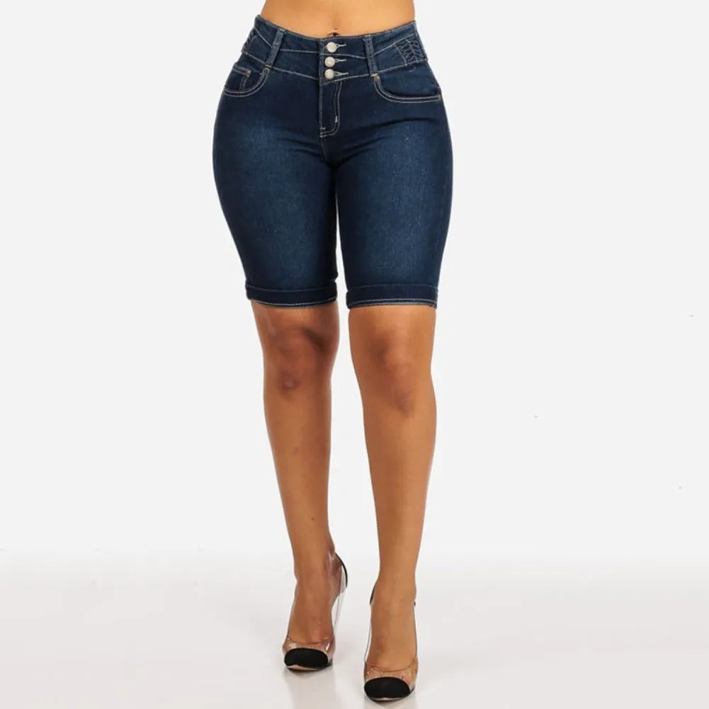 Denim Elastic Slims Fit Bodycon Knee Length Shorts