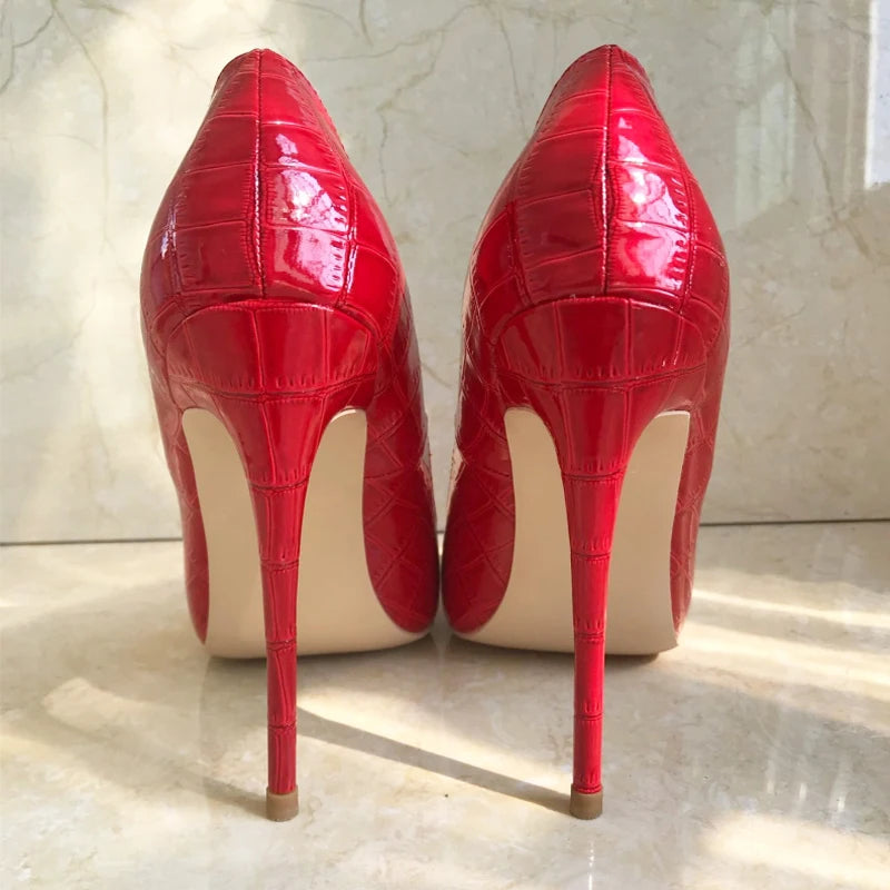 Red Crocodile-Effect Embossed Pattern Women Sexy Stiletto High Heels