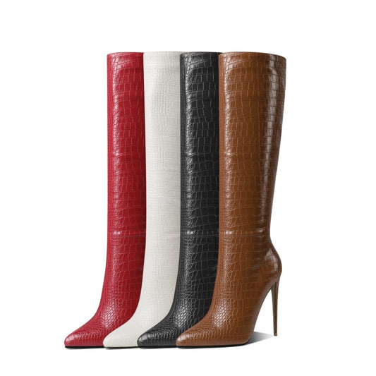 Winter Zipper Point Toe Knee High Heel Boots