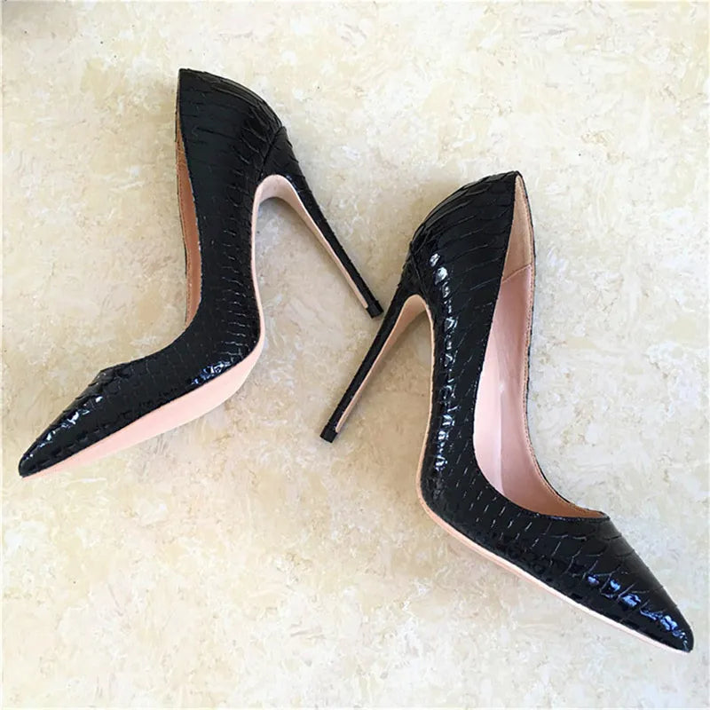 Black Croc-Effect High Heels Slip On Pointed Toe Fashion Pumps