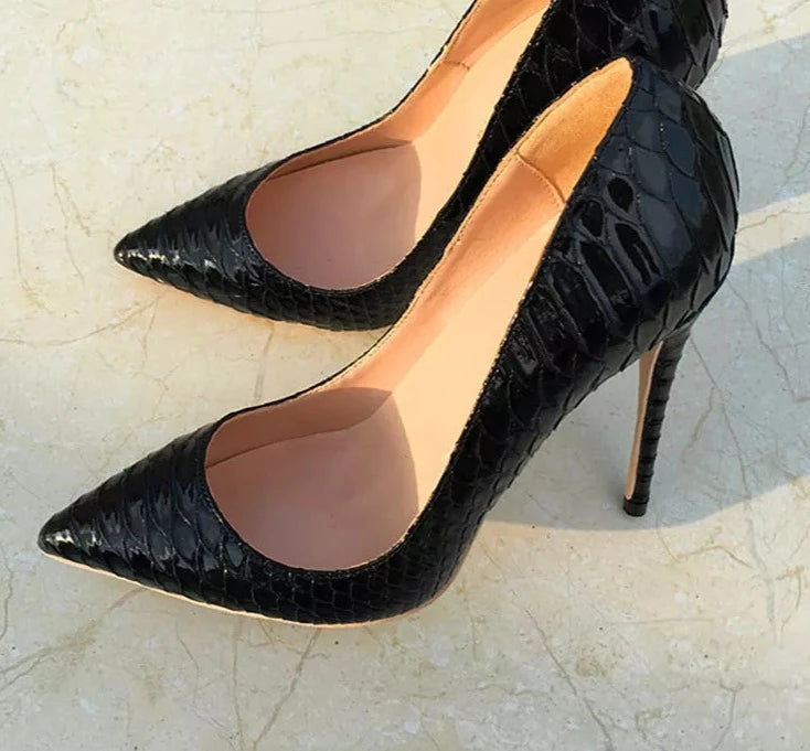 Black Croc-Effect High Heels Slip On Pointed Toe Fashion Pumps