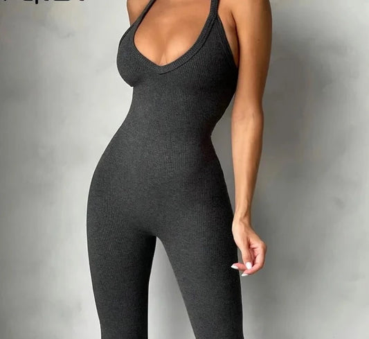 One Piece Backless Ribbed Sleeveless Bodycon Jumpsuit