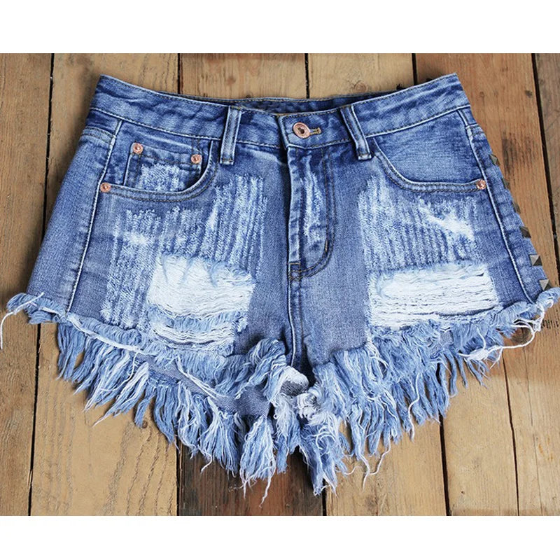 Fashion Tassel Rivet Ripped High Waisted Short