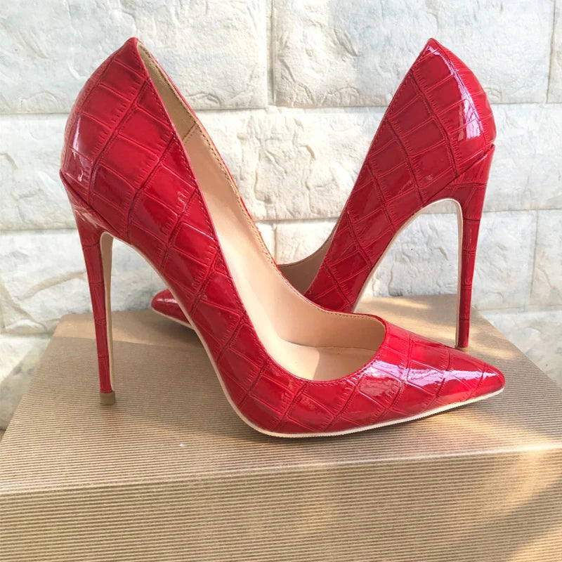 Red Crocodile-Effect Embossed Pattern Women Sexy Stiletto High Heels