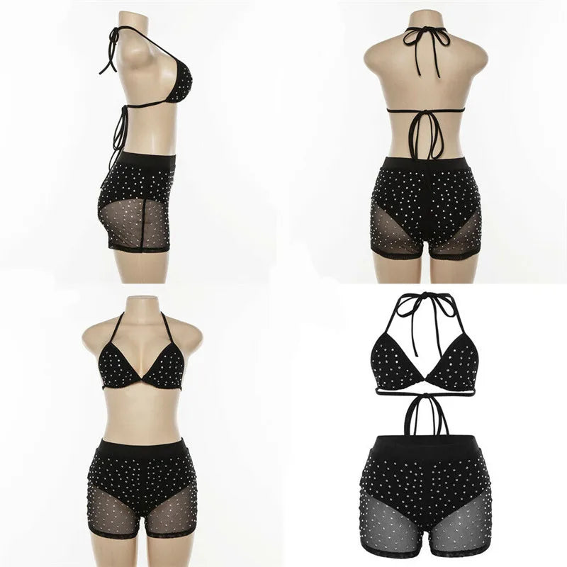 2pcs Bikini Rhinestone Halter Bra Fishnet High Waist Shorts Bathing suit