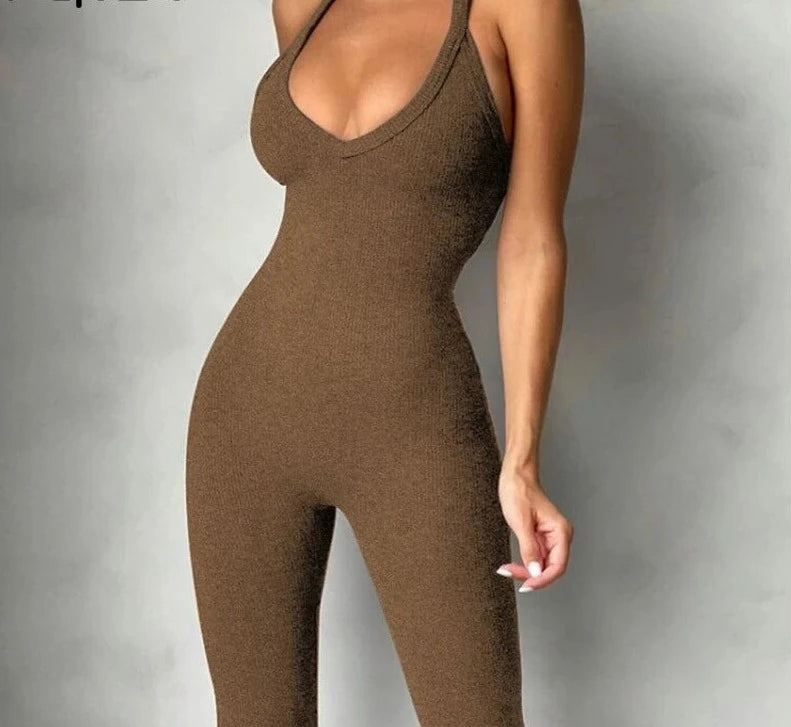 One Piece Backless Ribbed Sleeveless Bodycon Jumpsuit