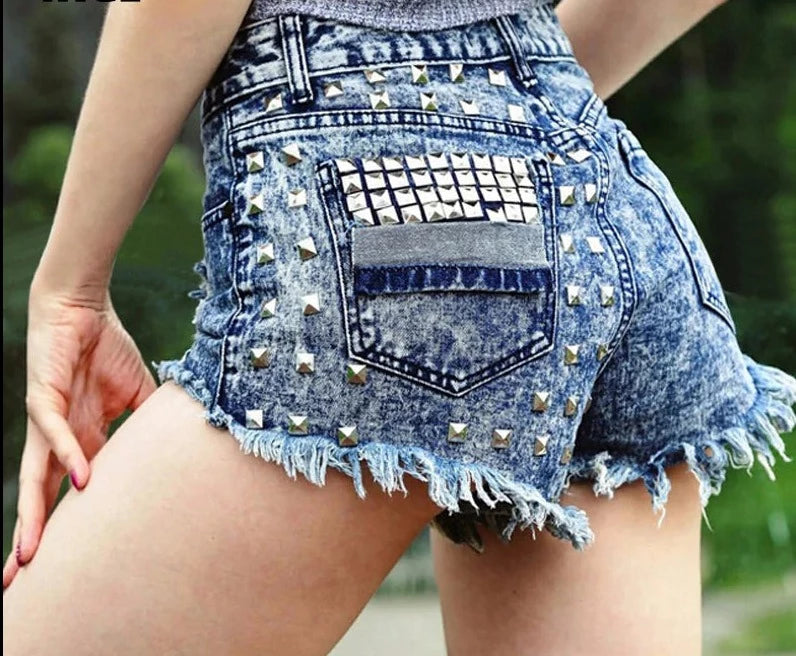 Fashion Tassel Rivet Ripped High Waisted Short