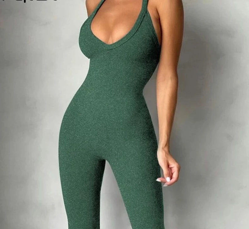 One Piece Backless Ribbed Sleeveless Bodycon Jumpsuit