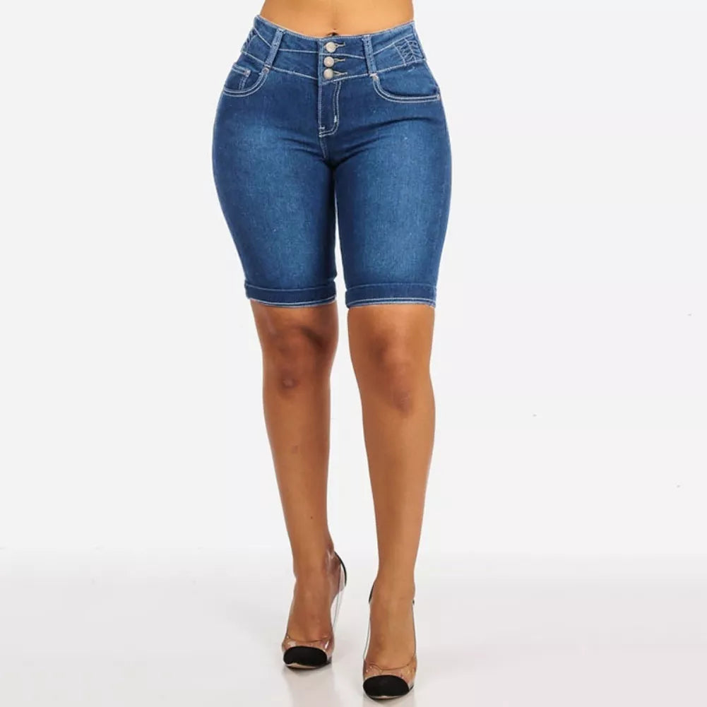 Denim Elastic Slims Fit Bodycon Knee Length Shorts