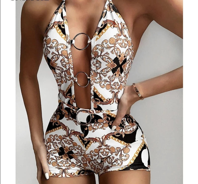 Sexy Hollow Out Print Bikini summer One-Piece Swimwear With Belt Bandage