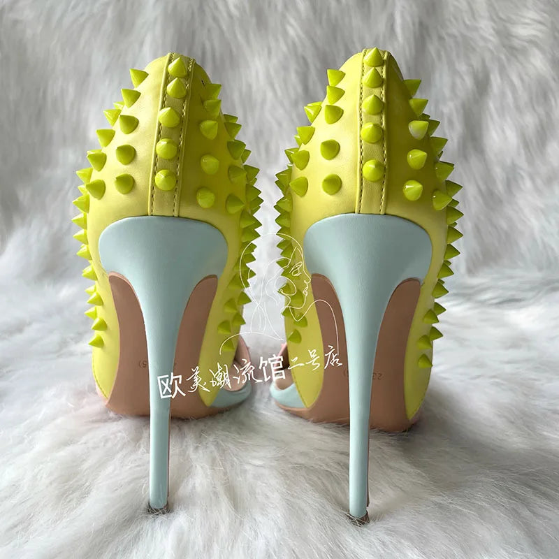 Pink yellow spike stud high heel pump