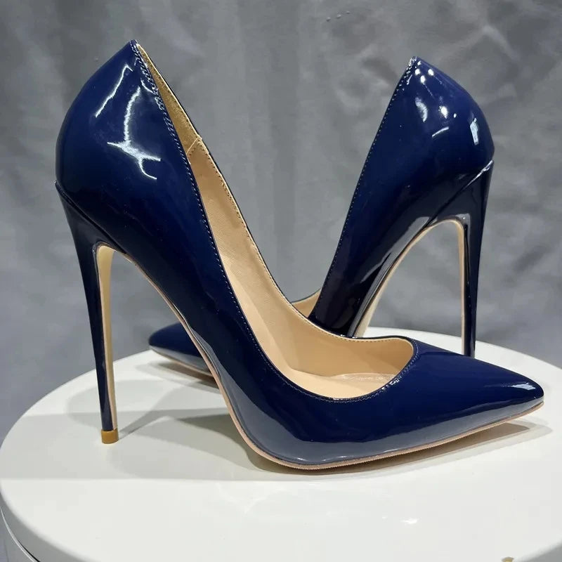 Glossy Navy Women Pointy Toe High Heel Shoes