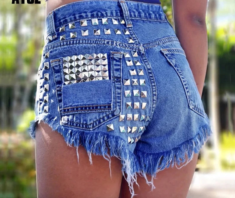 Fashion Tassel Rivet Ripped High Waisted Short