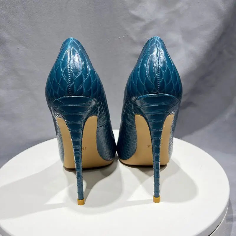 Blue Crocodile Effect Women Pointy Toe Thin High Heels