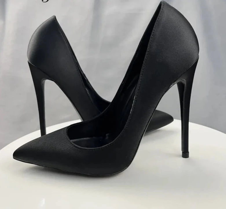 All Black Women Satin Sexy Pointy Toe High Heel Shoes