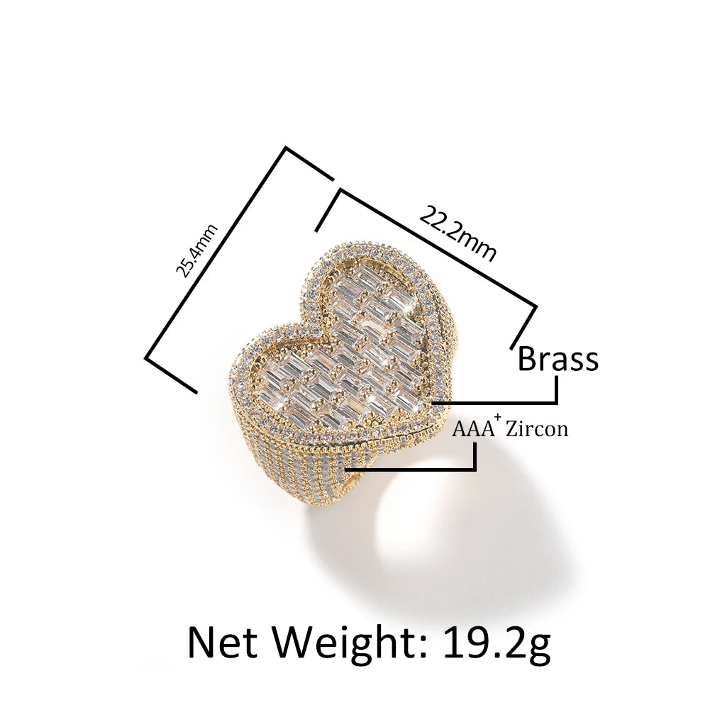 Heart Wide Big Full Paved Out Square Cubic Zirconia HipHop Ring