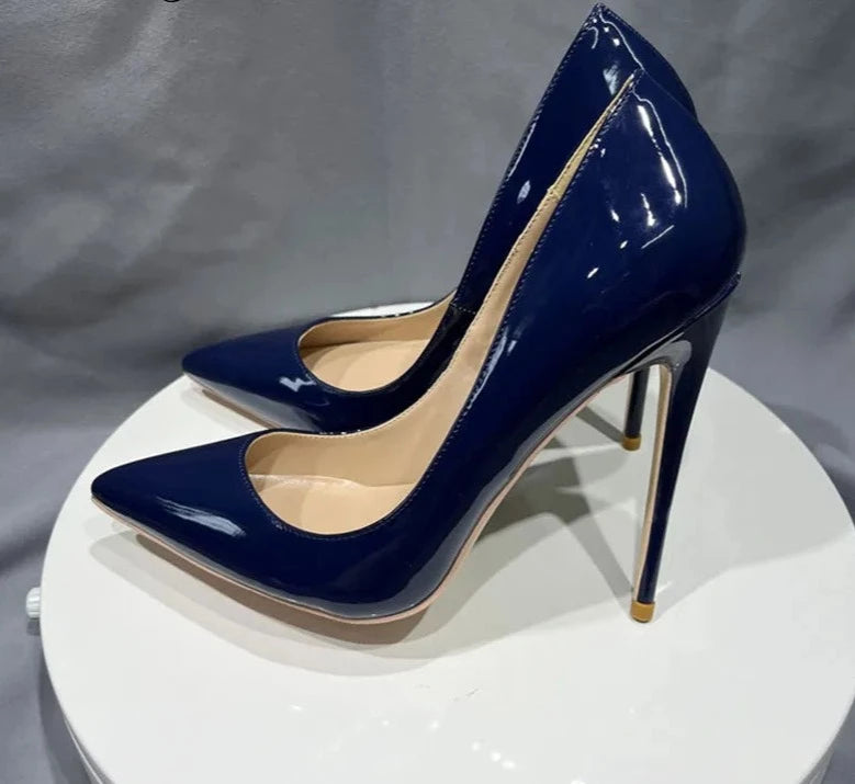 Glossy Navy Women Pointy Toe High Heel Shoes