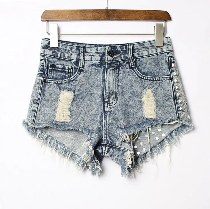 Fashion Tassel Rivet Ripped High Waisted Short