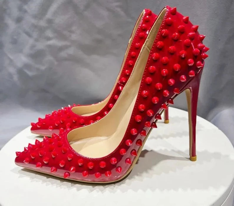 All Red Spikes Stilettos High Heels