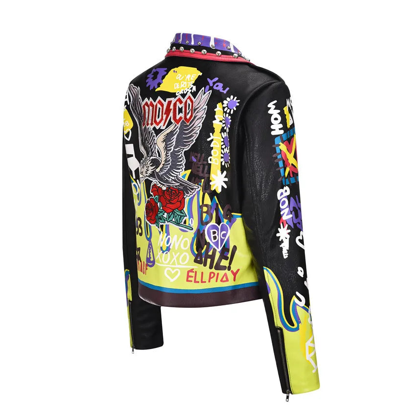 PU Printed Graffiti Punk Leather Jacket with Suit Collar