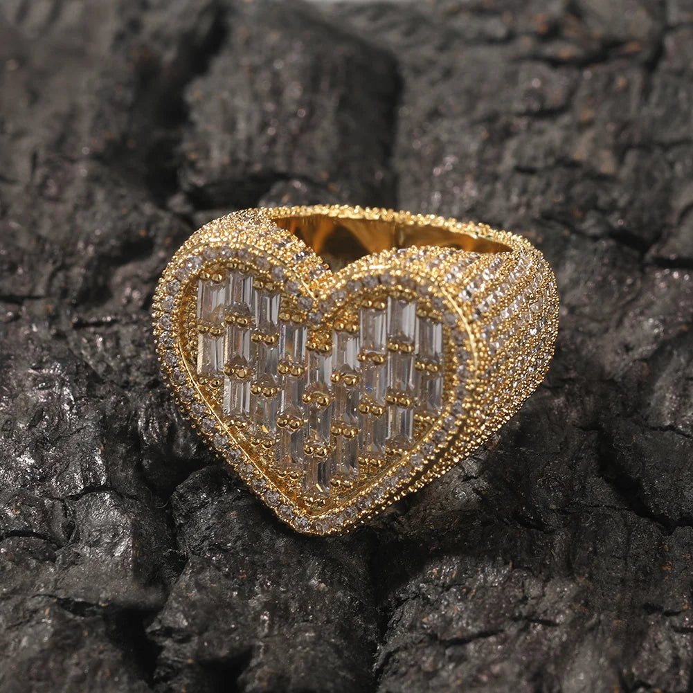 Heart Wide Big Full Paved Out Square Cubic Zirconia HipHop Ring