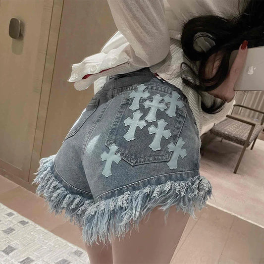 Street High Waist Design Sense Casual A Word Super Short Raw Edge Fringe Gothic Style Denim Shorts