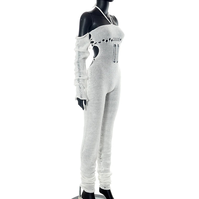 Weird Puss Knit Halter Jumpsuits+Glove Backless Street Stacked Overalls