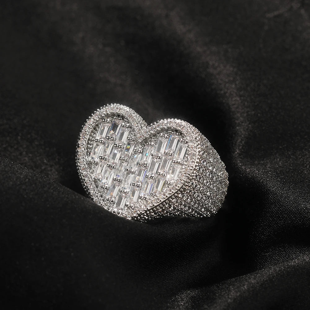 Heart Wide Big Full Paved Out Square Cubic Zirconia HipHop Ring