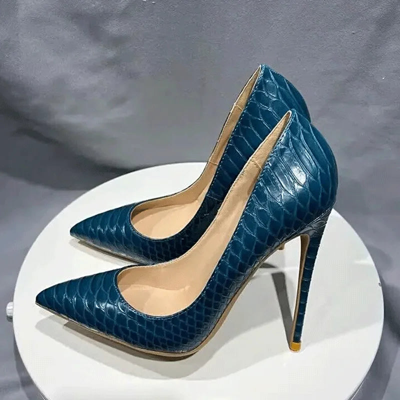 Blue Crocodile Effect Women Pointy Toe Thin High Heels