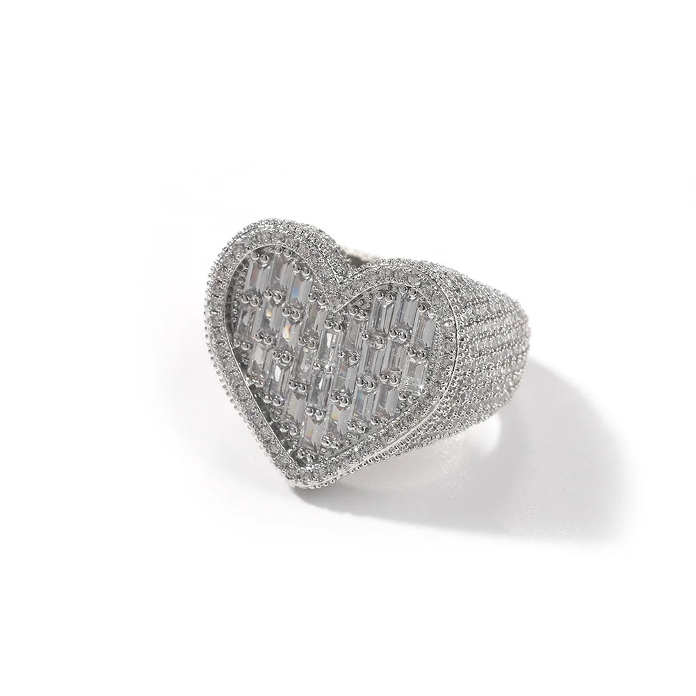 Heart Wide Big Full Paved Out Square Cubic Zirconia HipHop Ring