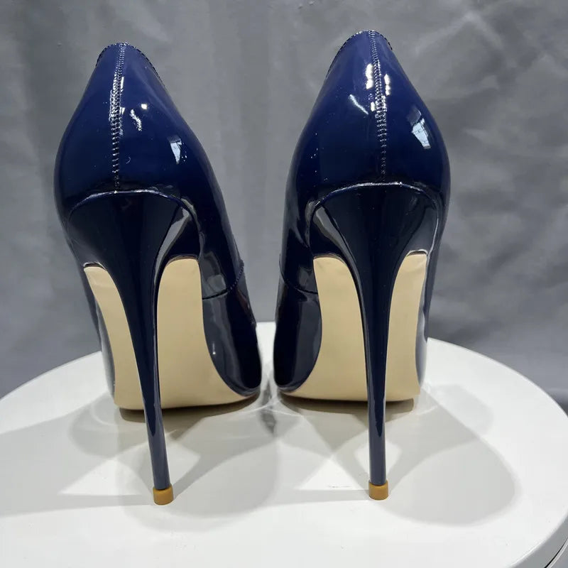 Glossy Navy Women Pointy Toe High Heel Shoes