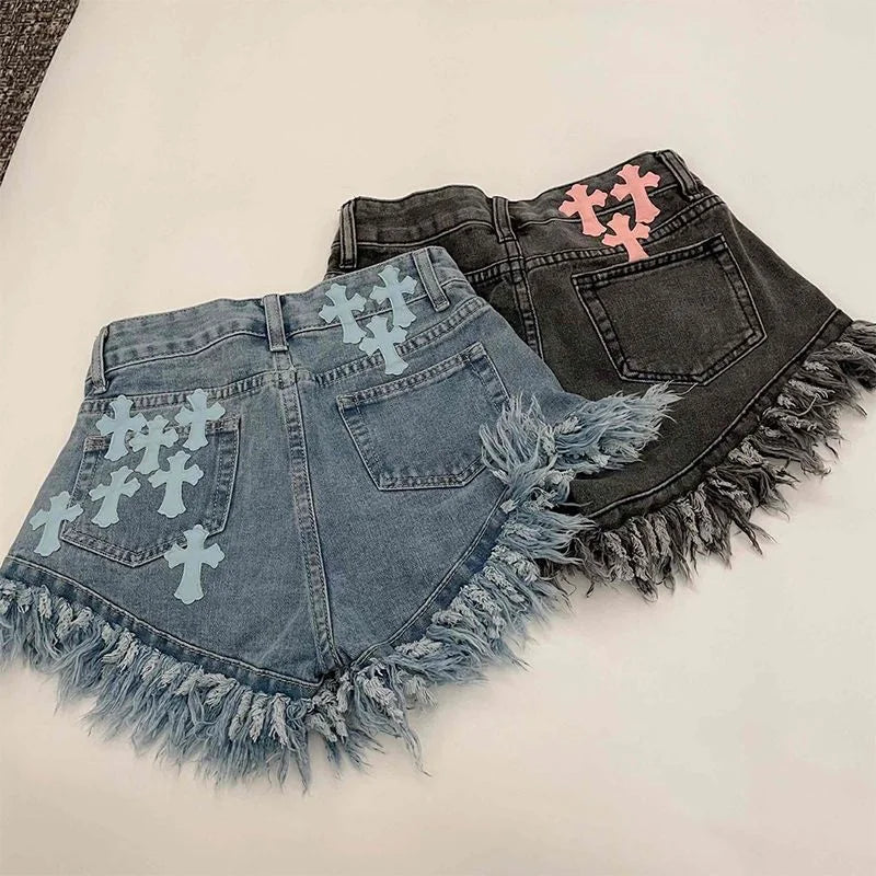 Street High Waist Design Sense Casual A Word Super Short Raw Edge Fringe Gothic Style Denim Shorts