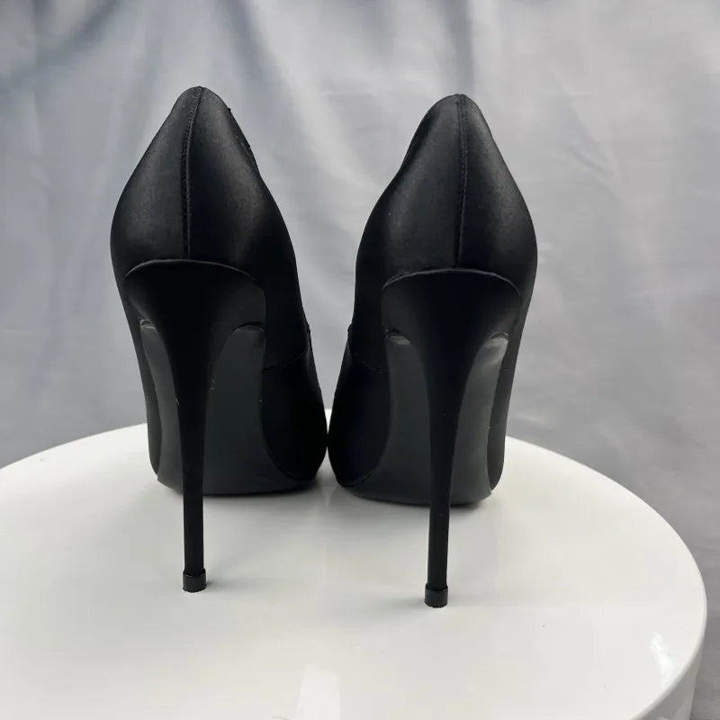 All Black Women Satin Sexy Pointy Toe High Heel Shoes