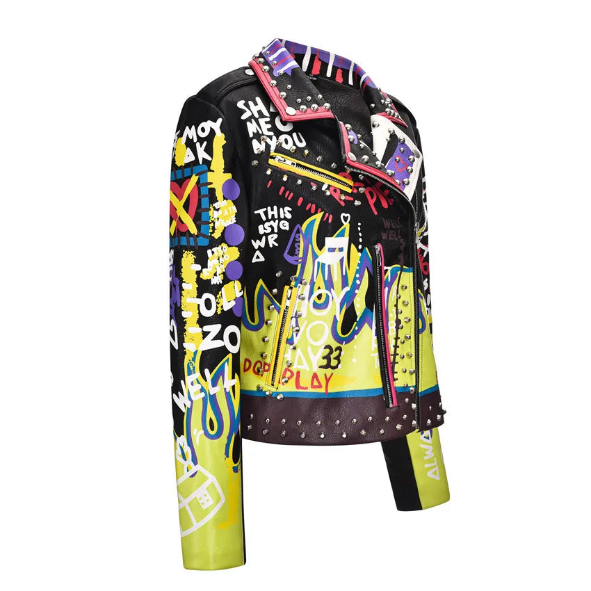 PU Printed Graffiti Punk Leather Jacket with Suit Collar