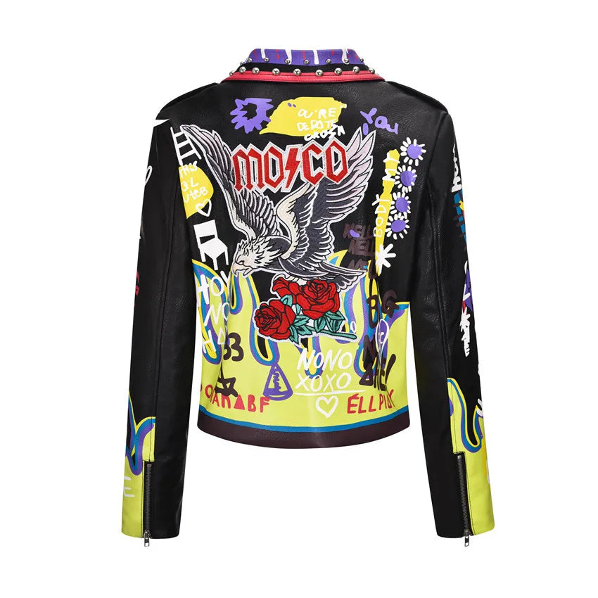 PU Printed Graffiti Punk Leather Jacket with Suit Collar