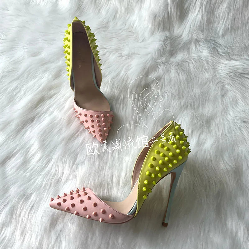 Pink yellow spike stud high heel pump