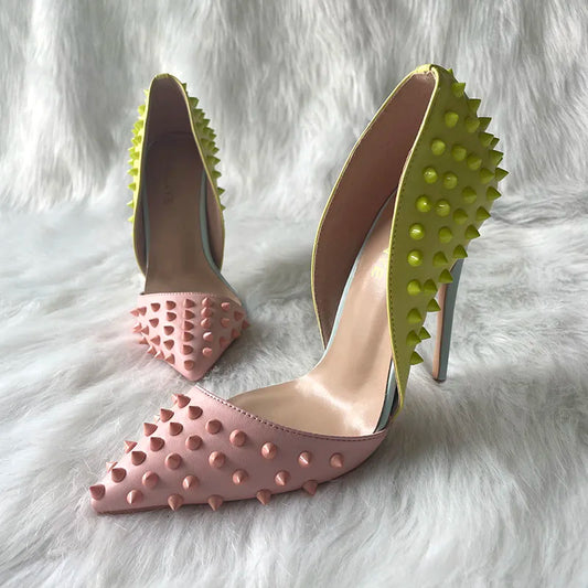 Pink yellow spike stud high heel pump