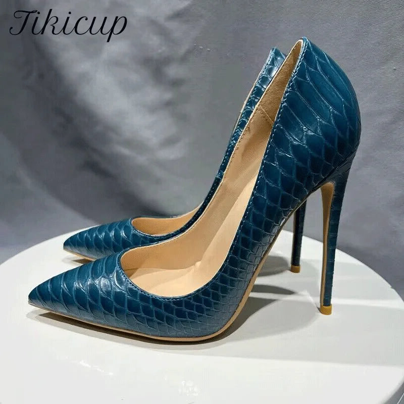 Blue Crocodile Effect Women Pointy Toe Thin High Heels