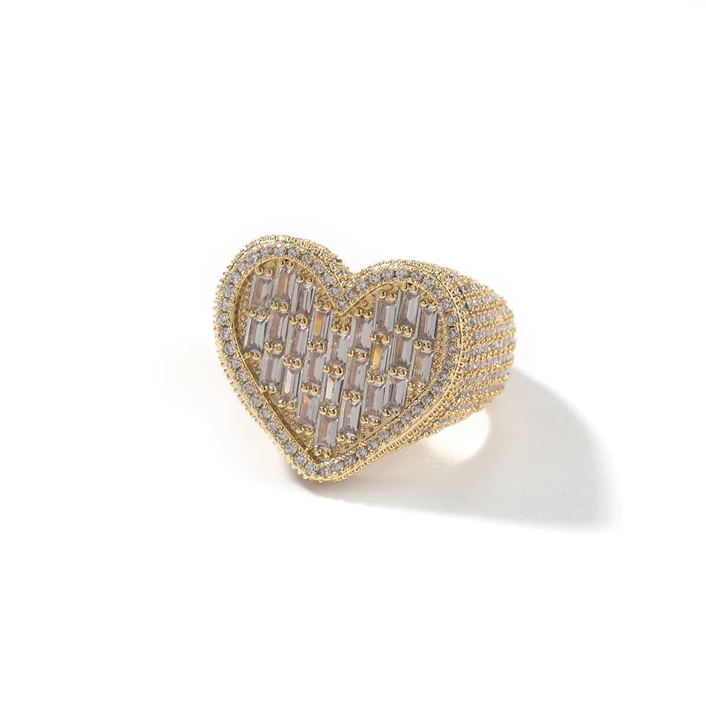 Heart Wide Big Full Paved Out Square Cubic Zirconia HipHop Ring