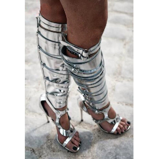 Sexy Mirror Silver Buckles Cross Heels Peep Toe Gladiator Boots