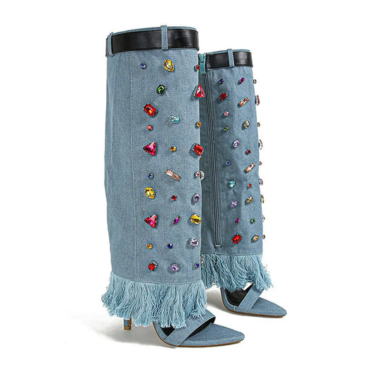 Colorful rhinestone thin heel sexy Denim pointed summer zipper knee high boots shoes women