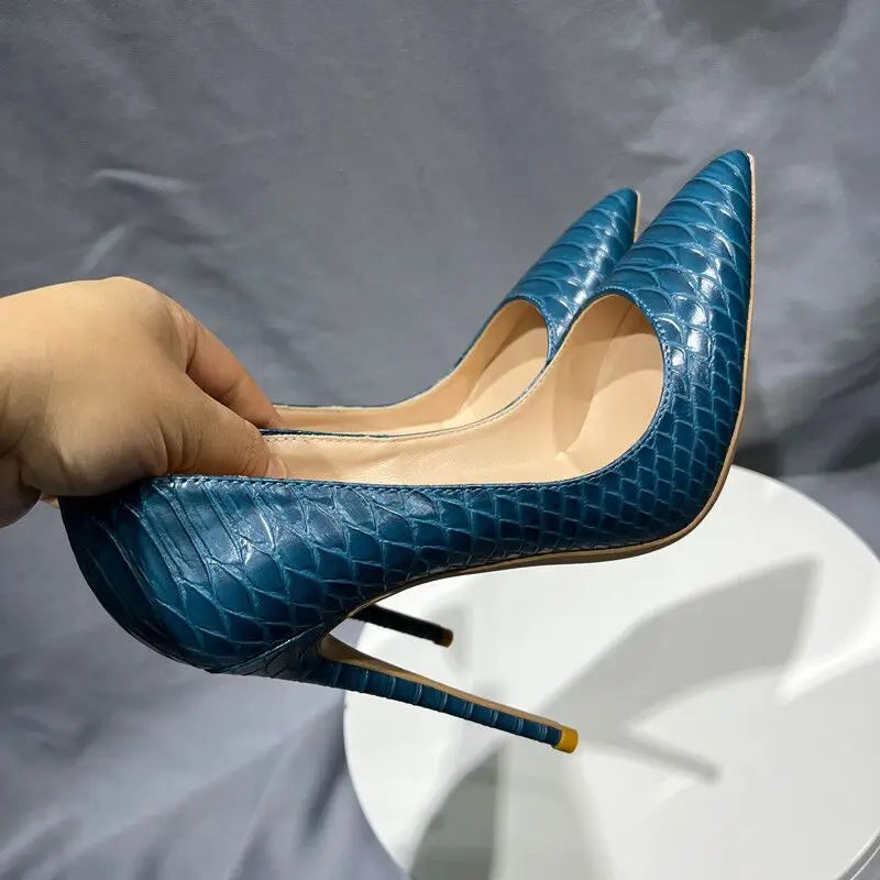 Blue Crocodile Effect Women Pointy Toe Thin High Heels