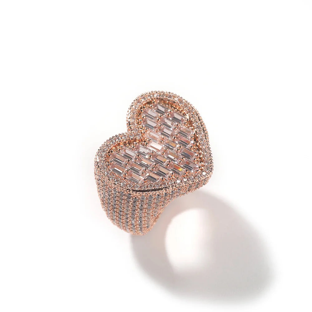 Heart Wide Big Full Paved Out Square Cubic Zirconia HipHop Ring