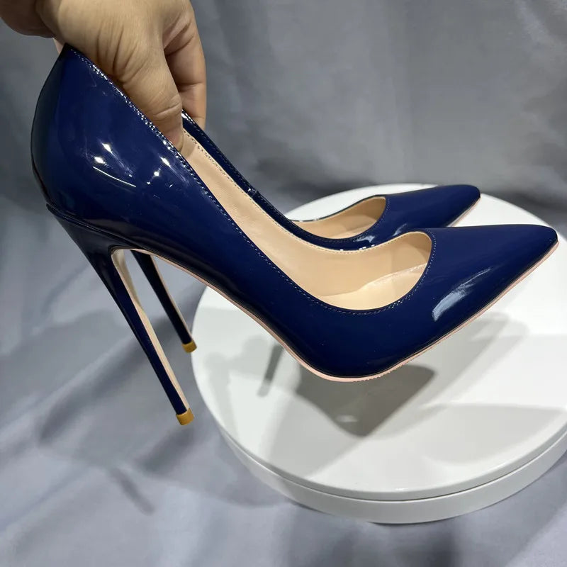 Glossy Navy Women Pointy Toe High Heel Shoes