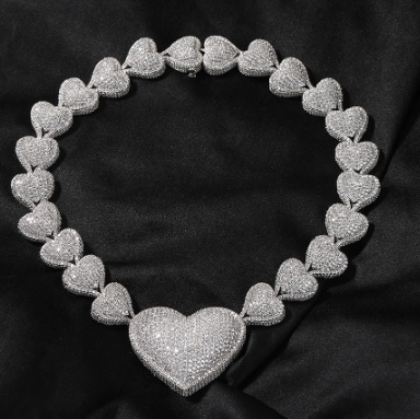 THE BLING KING 2 Sizes Big Heart Necklace Micro Paved Out Cubic Link Chain and Bracelet