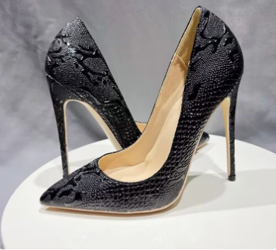 Black Embossed Crocodile Women Sexy Pointy Toe High Heel Shoes