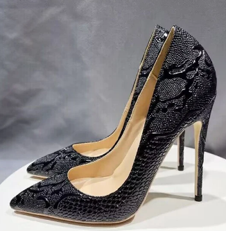 Black Embossed Crocodile Women Sexy Pointy Toe High Heel Shoes